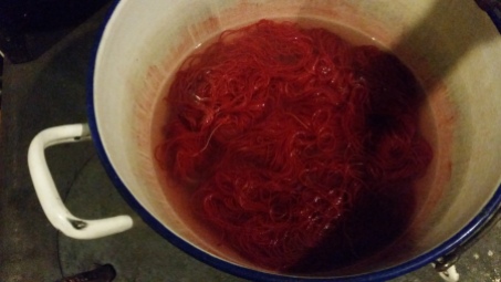 The wool soaking in the dye, almost completely absorbed.